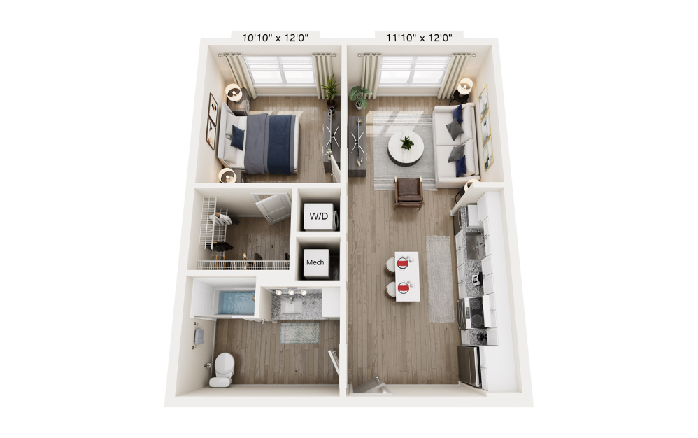 A1.A - 1 bedroom floorplan layout with 1 bathroom and 672 square feet