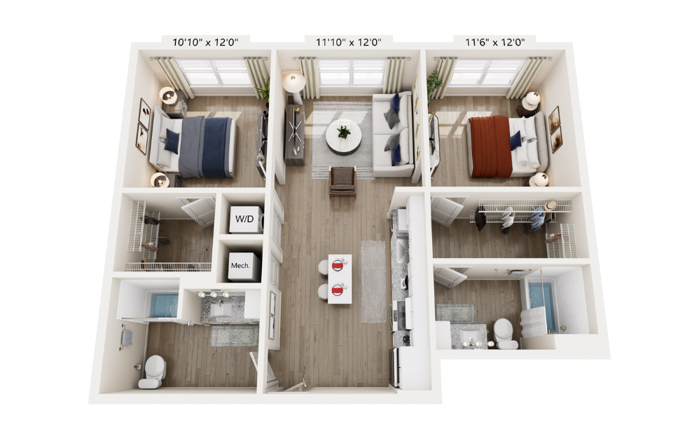B1.A - 2 bedroom floorplan layout with 2 bathrooms and 972 square feet