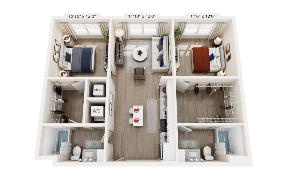 B1.1 - 2 bedroom floorplan layout with 2 bathrooms and 1008 square feet