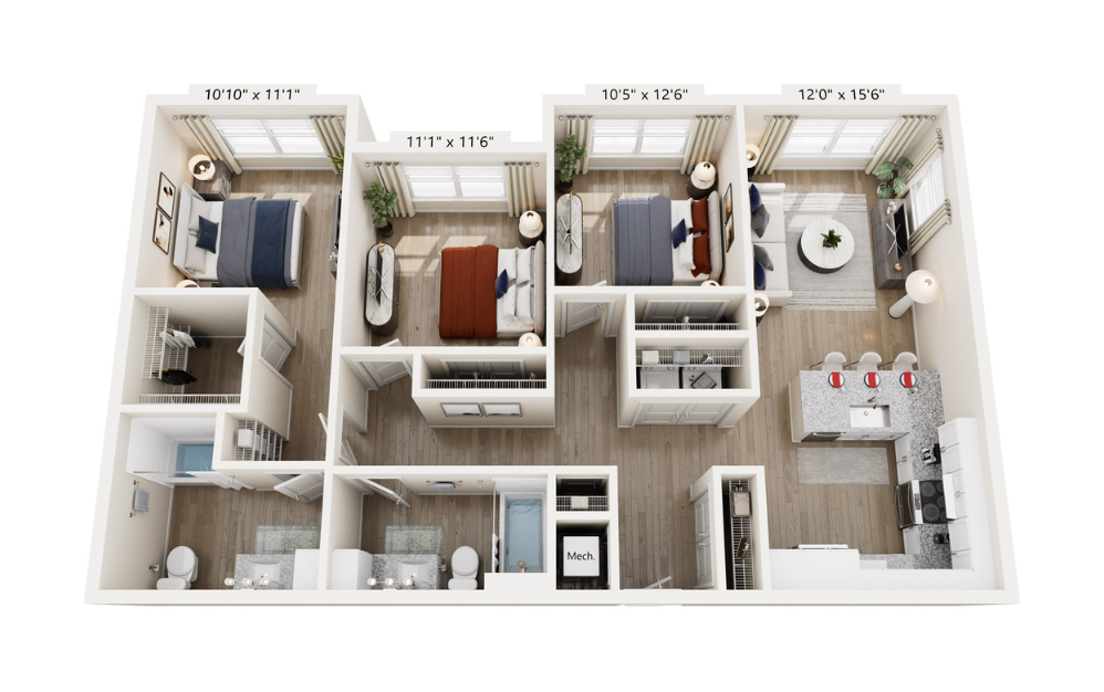 C1.A - 3 bedroom floorplan layout with 2 bathrooms and 1265 square feet